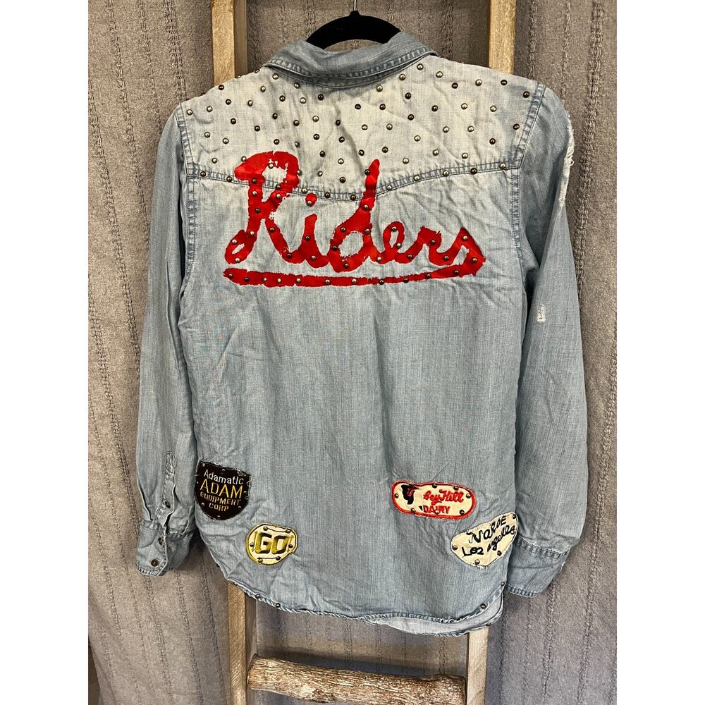 MM Vintage Denim Button Up Shirt Womens Small Distressed Studded Patch Western
